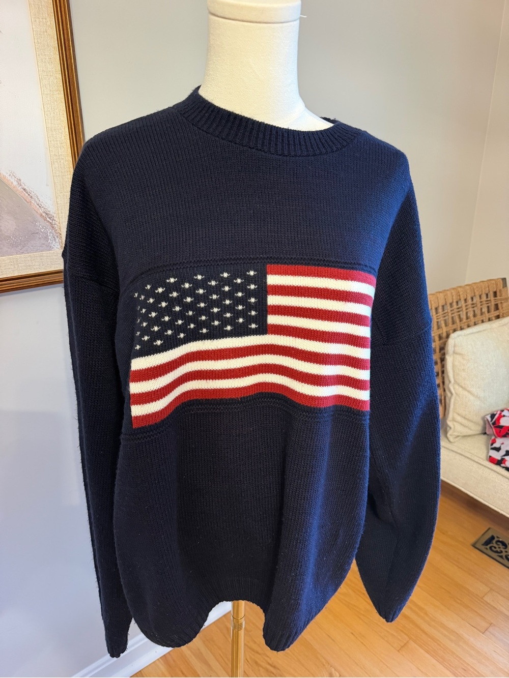 Vintage New Era American Flag Sweater Made in USA Navy Blue L